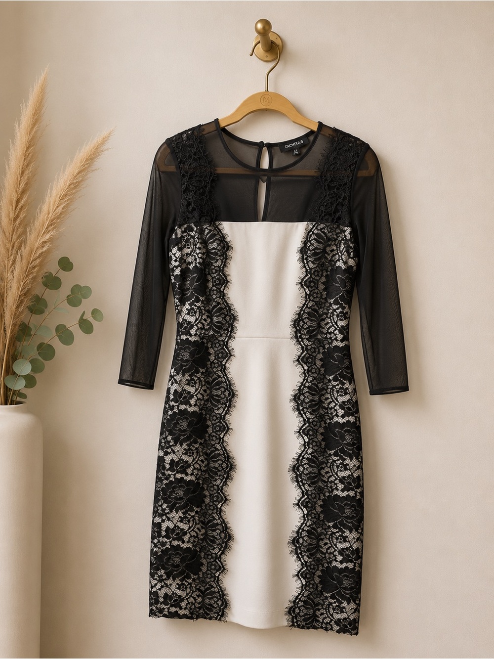 Chetta B Black and Cream Lace-Trim Sheath Dress